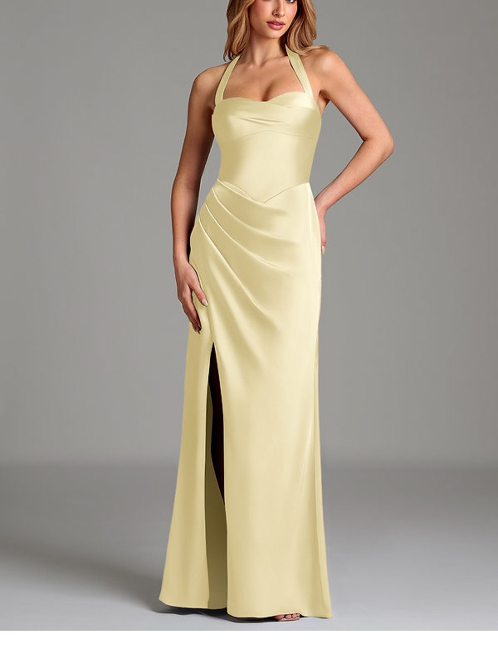 Azazie serenity Halter Satin Dress - butter Yellow